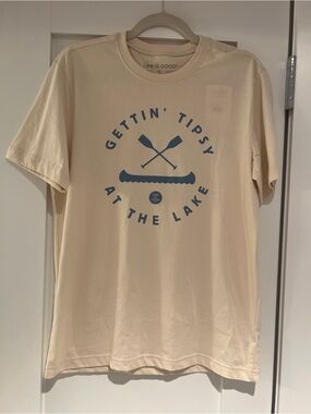 Life Is Good Men's Cream Tee with Blue Lake Graphic NWT